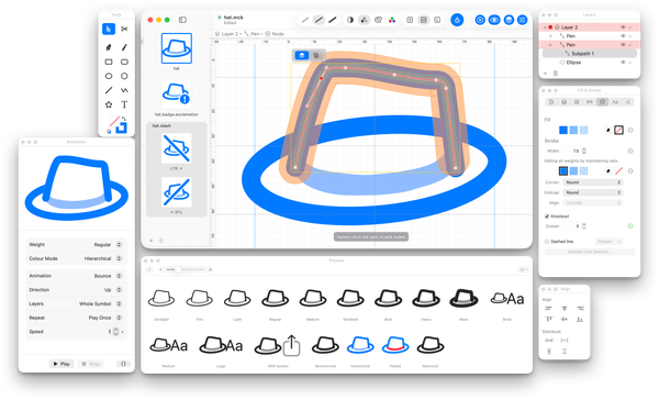 The McKinley workspace: a symbol open for point editing, with the preview palette showing it across weights and rendering modes as Apple's own renderer draws it.