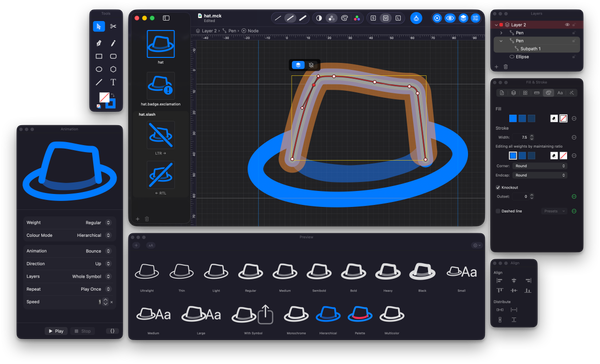 The McKinley workspace: a symbol open for point editing, with the preview palette showing it across weights and rendering modes as Apple's own renderer draws it.
