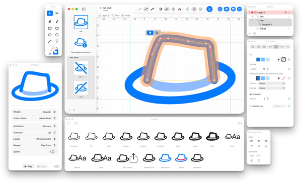 The McKinley workspace: a symbol open for point editing, with the preview palette showing it across weights and rendering modes as Apple's own renderer draws it.