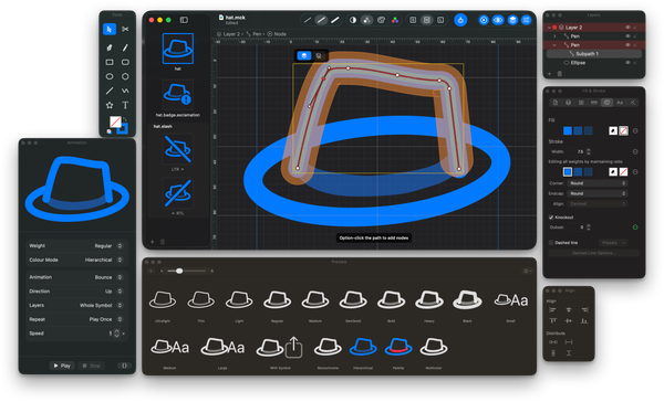 The McKinley workspace: a symbol open for point editing, with the preview palette showing it across weights and rendering modes as Apple's own renderer draws it.