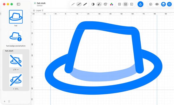 Editing a custom symbol. The sidebar holds its variants — the base symbol, a badged one, and a slashed one with its left-to-right and right-to-left versions.