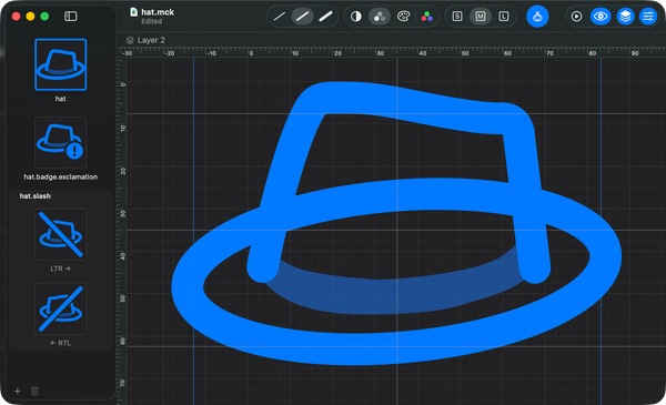 Editing a custom symbol. The sidebar holds its variants — the base symbol, a badged one, and a slashed one with its left-to-right and right-to-left versions.