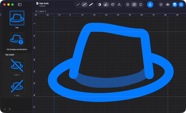 Editing a custom symbol. The sidebar holds its variants — the base symbol, a badged one, and a slashed one with its left-to-right and right-to-left versions.
