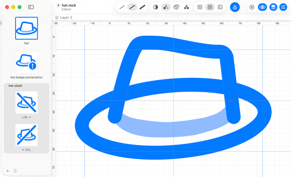 Editing a custom symbol. The sidebar holds its variants — the base symbol, a badged one, and a slashed one with its left-to-right and right-to-left versions.