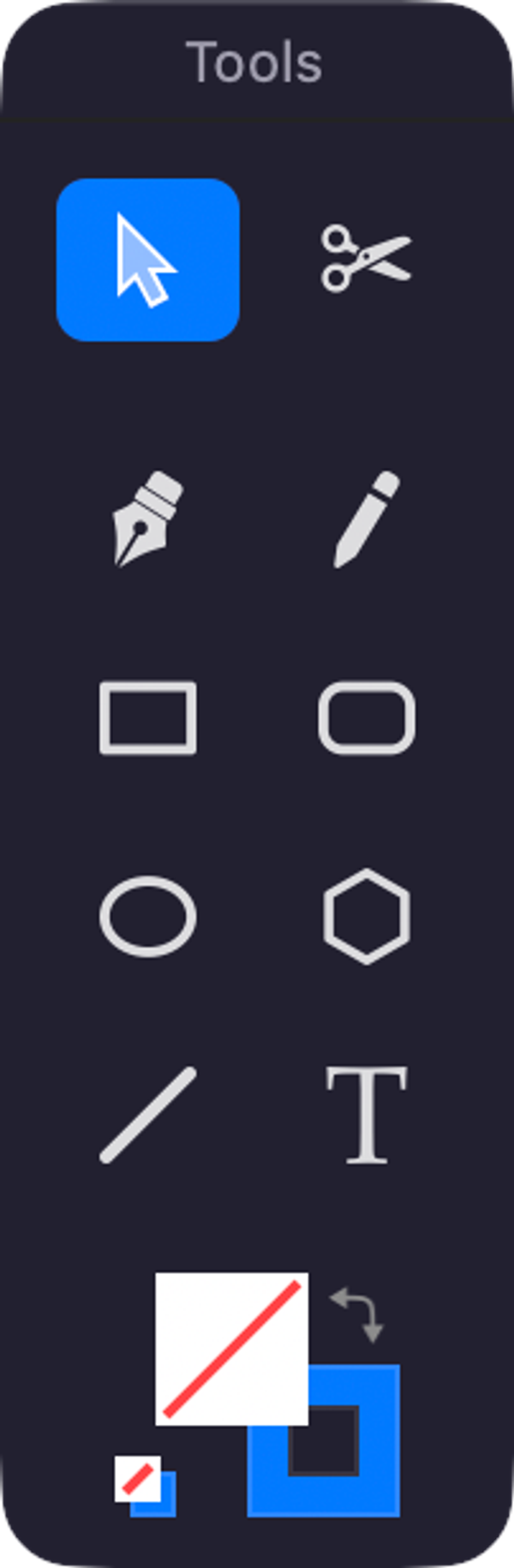 The Tools palette: select, pen, pencil, cut, shapes, line and text, with the fill and stroke wells below.