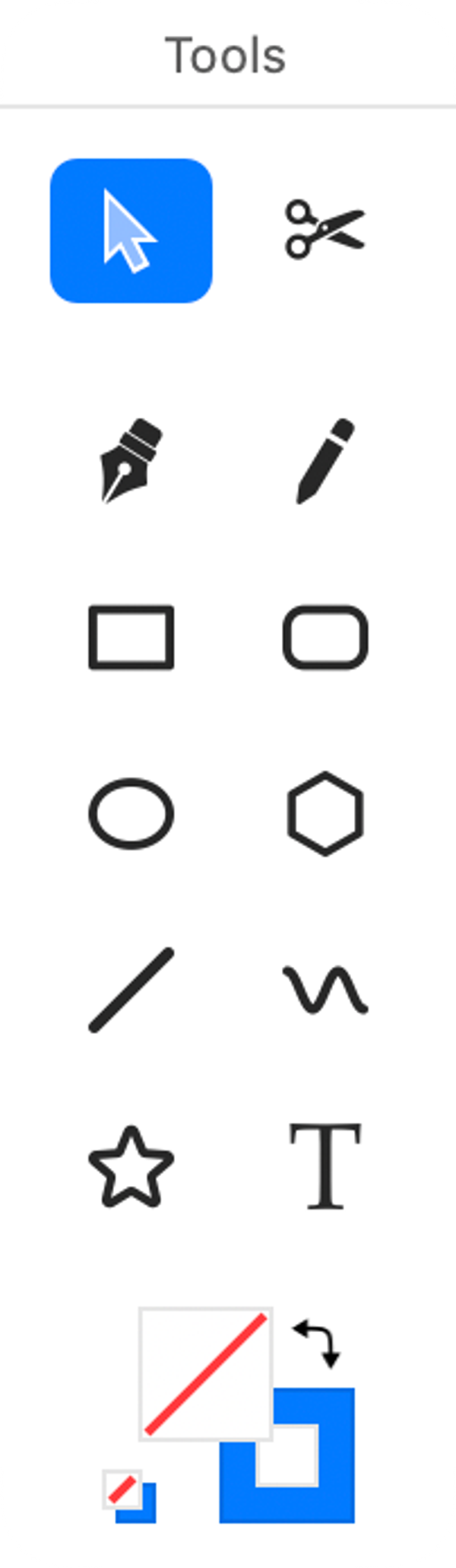 The Tools palette: select, pen, pencil, cut, shapes, line and text, with the fill and stroke wells below.