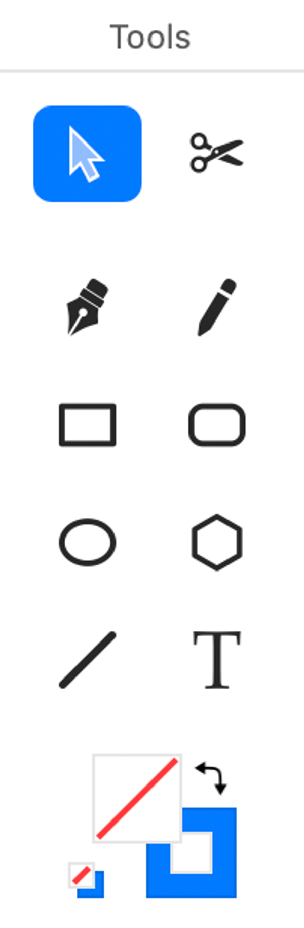 The Tools palette: select, pen, pencil, cut, shapes, line and text, with the fill and stroke wells below.