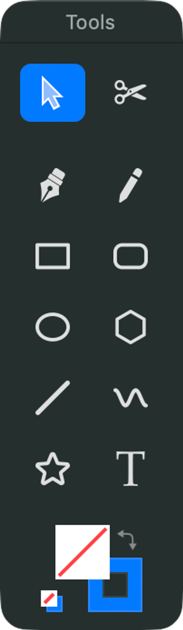 The Tools palette: select, pen, pencil, cut, shapes, line and text, with the fill and stroke wells below.