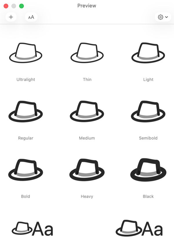 The Preview palette, drawn by Apple's own SF Symbols renderer — so you can be sure things look how they will look in your app.