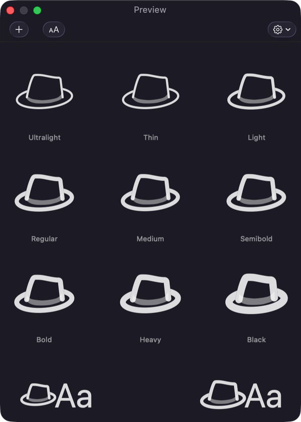 The Preview palette, drawn by Apple's own SF Symbols renderer — so you can be sure things look how they will look in your app.