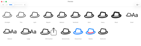 The Preview palette, drawn by Apple's own SF Symbols renderer — so you can be sure things look how they will look in your app.