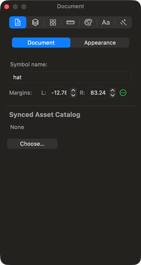 The Document inspector: symbol name, margins, and the asset catalog to sync into.