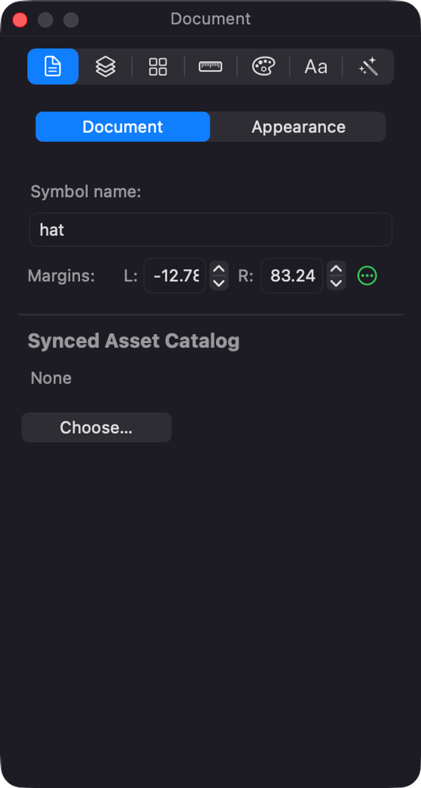 The Document inspector: symbol name, margins, and the asset catalog to sync into.