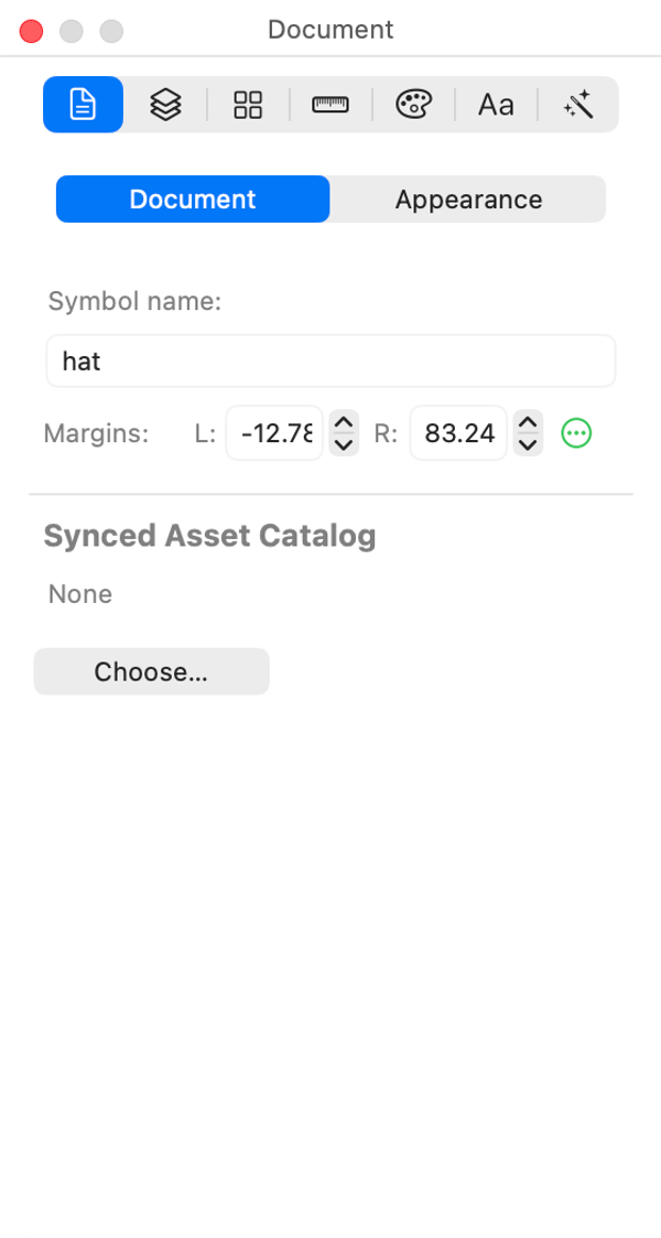 The Document inspector: symbol name, margins, and the asset catalog to sync into.