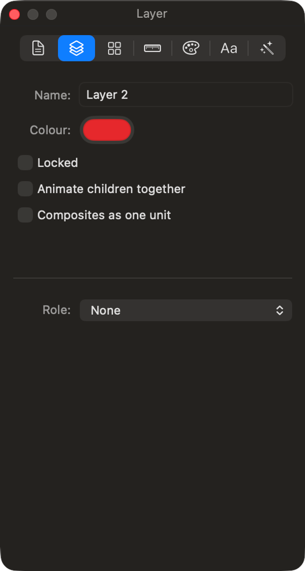 The Layer inspector: name, colour, locking and role.