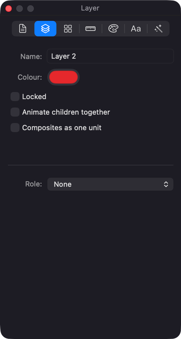 The Layer inspector: name, colour, locking and role.