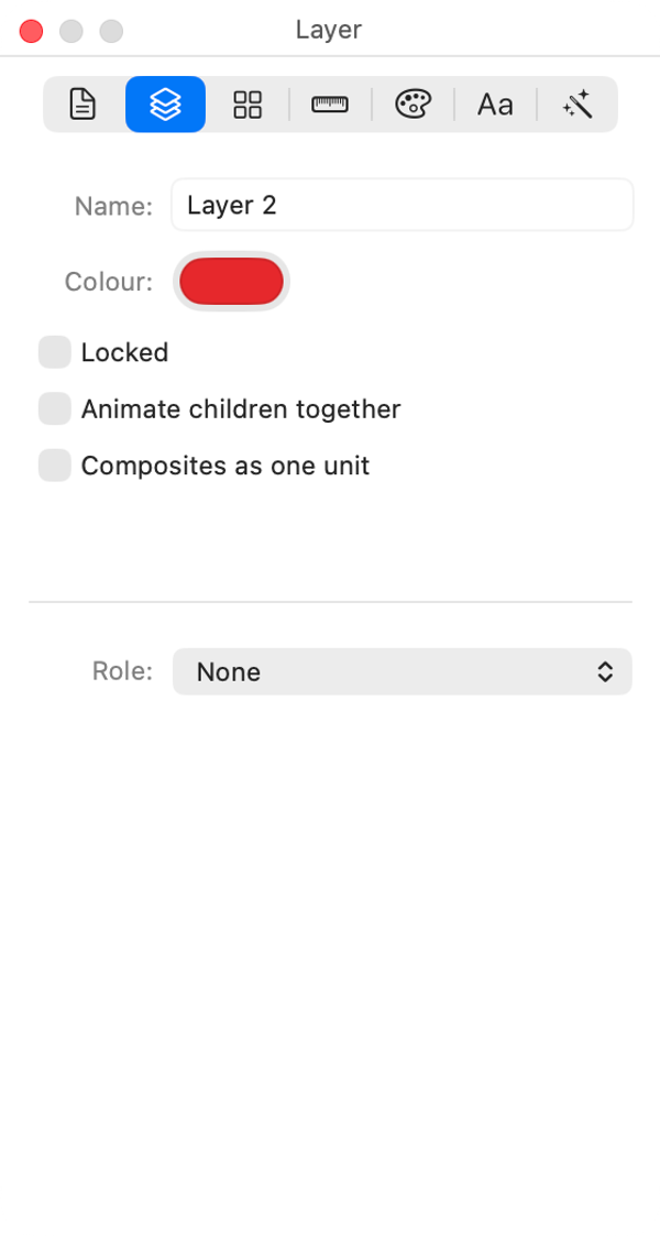 The Layer inspector: name, colour, locking and role.