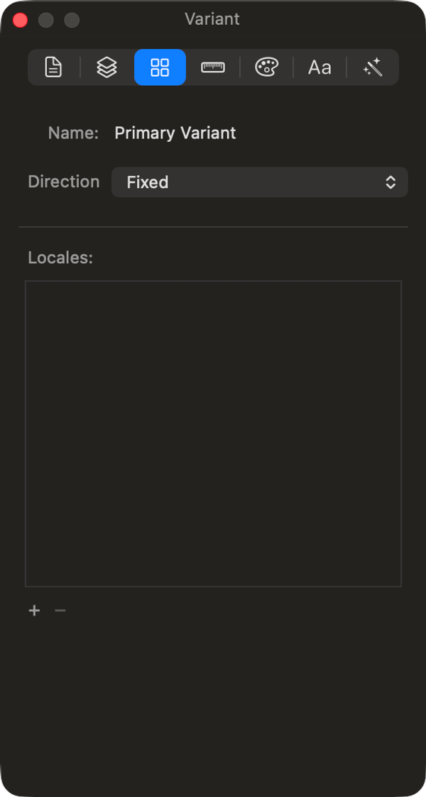 The Variant inspector: a variant's guides, and the direction and locale settings that decide which versions of it get exported.