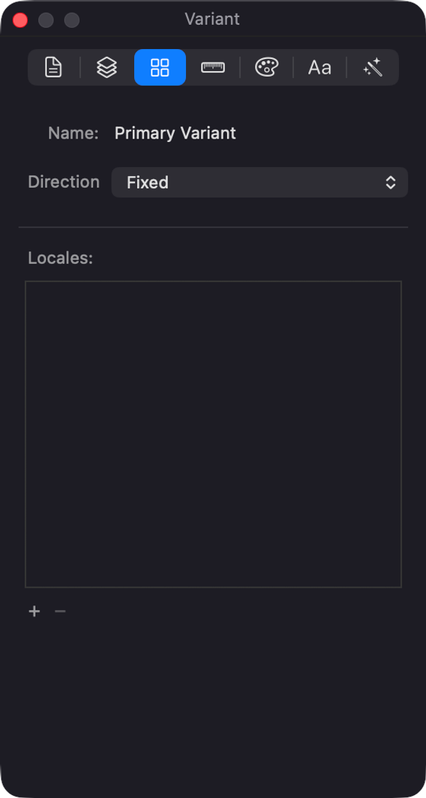 The Variant inspector: a variant's guides, and the direction and locale settings that decide which versions of it get exported.