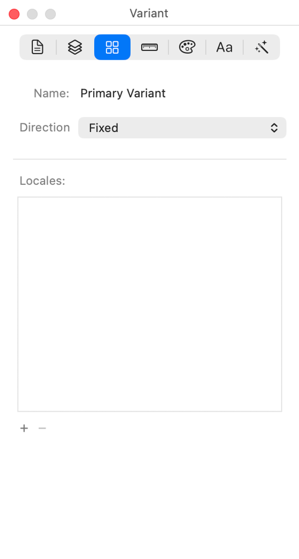 The Variant inspector: a variant's guides, and the direction and locale settings that decide which versions of it get exported.