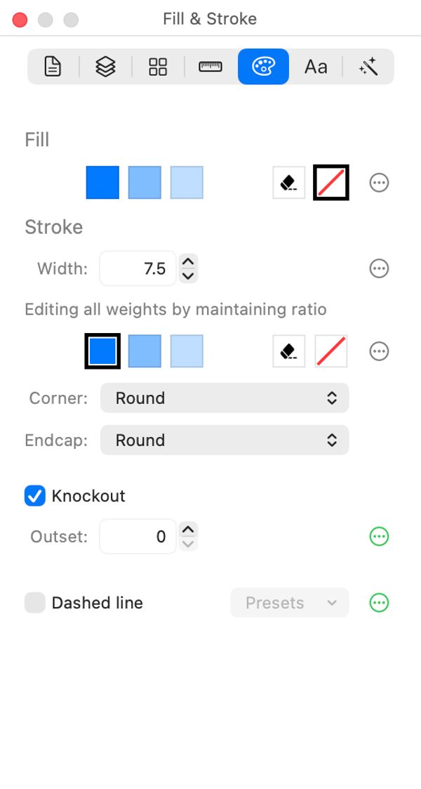 The Fill & Stroke inspector: colours per rendering mode, stroke width per weight, corner and endcap style, knockout and dashes.