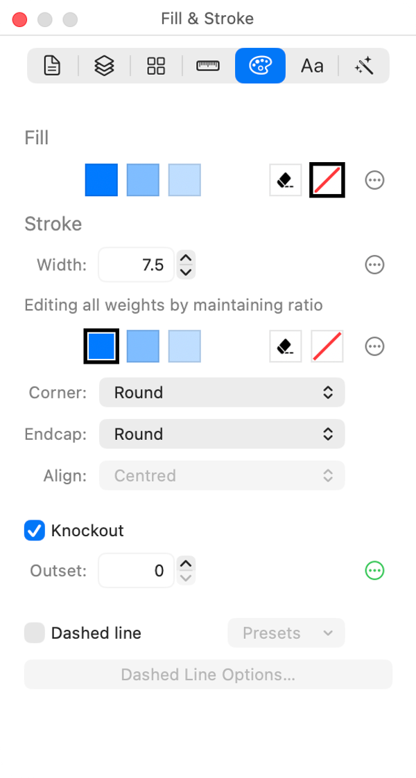 The Fill & Stroke inspector: colours per rendering mode, stroke width per weight, corner and endcap style, knockout and dashes.