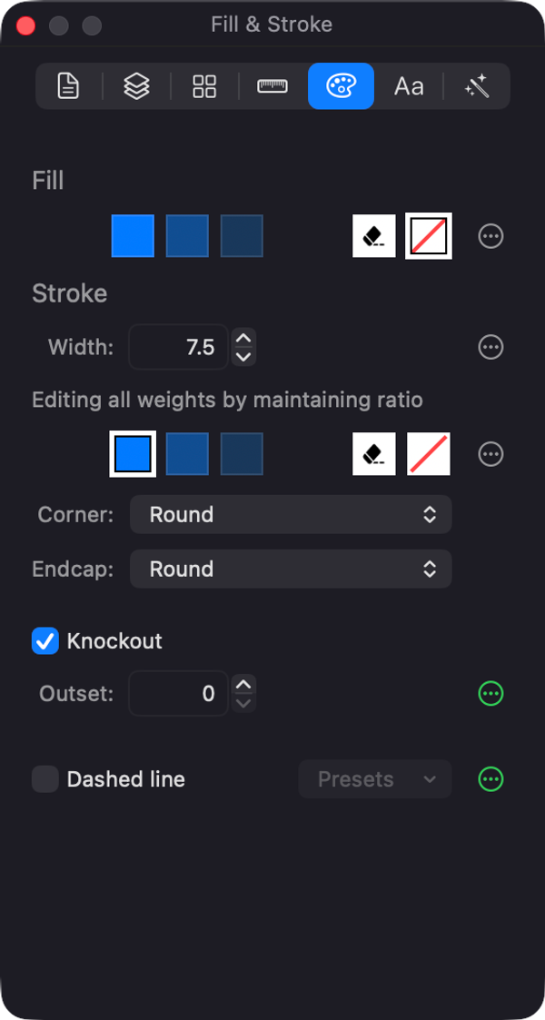 The Fill & Stroke inspector: colours per rendering mode, stroke width per weight, corner and endcap style, knockout and dashes.