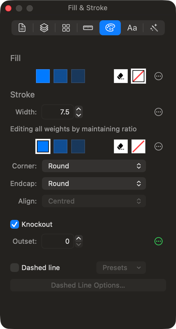 The Fill & Stroke inspector: colours per rendering mode, stroke width per weight, corner and endcap style, knockout and dashes.