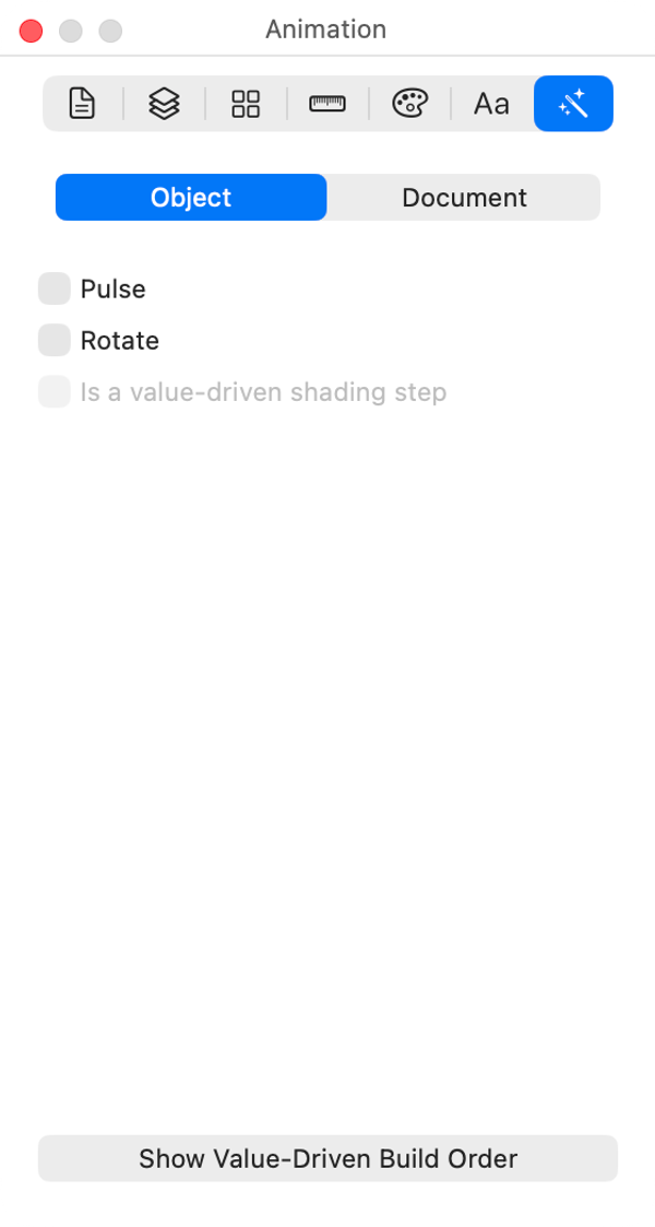 The Animation inspector: per-object effects, and the document's animation defaults.