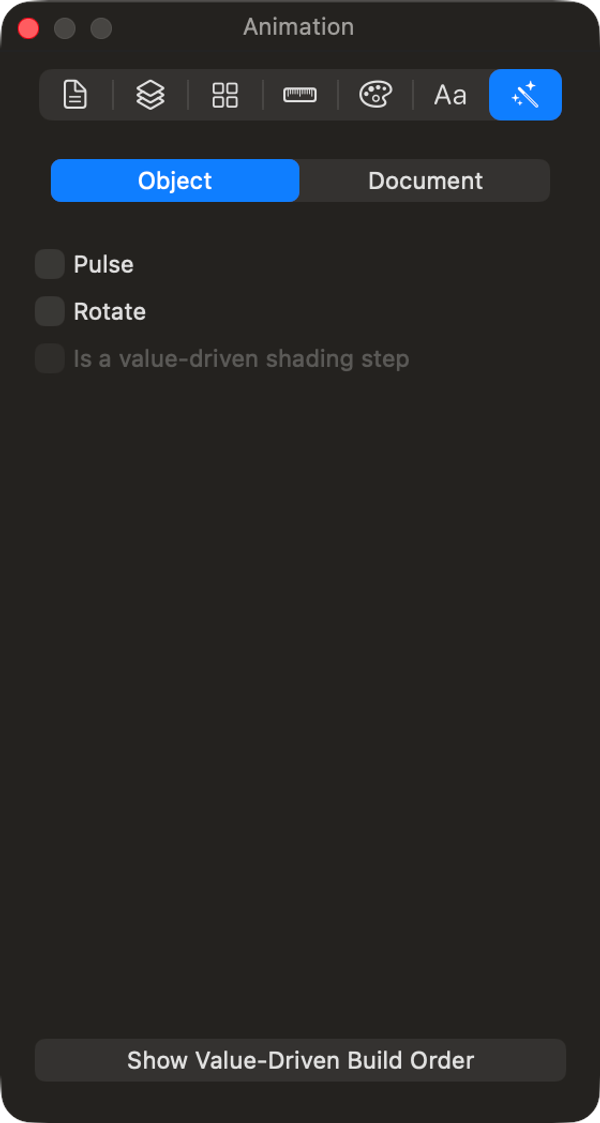 The Animation inspector: per-object effects, and the document's animation defaults.