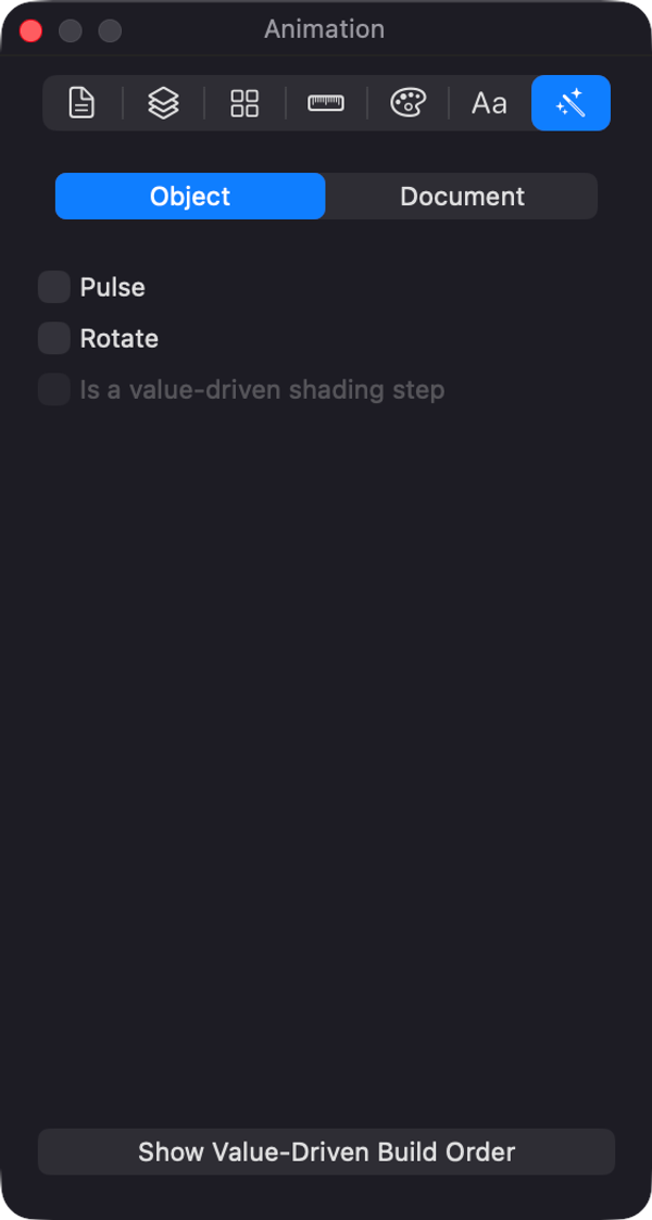 The Animation inspector: per-object effects, and the document's animation defaults.