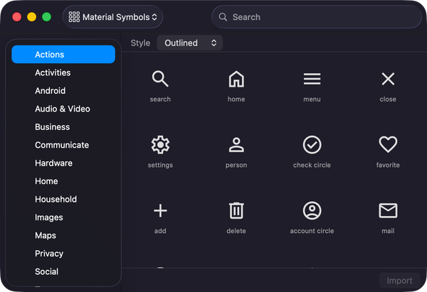 The Symbol Library browsing Material Symbols, one of several icon sets you can start from alongside Phosphor and Iconify.