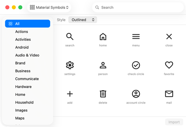 The Symbol Library browsing Material Symbols, one of several icon sets you can start from alongside Phosphor and Iconify.