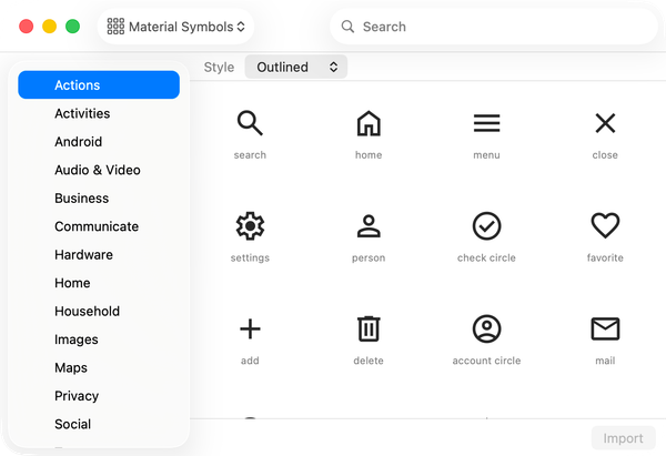 The Symbol Library browsing Material Symbols, one of several icon sets you can start from alongside Phosphor and Iconify.