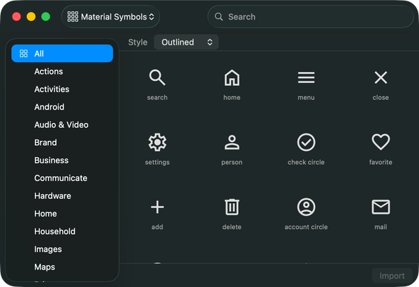 The Symbol Library browsing Material Symbols, one of several icon sets you can start from alongside Phosphor and Iconify.